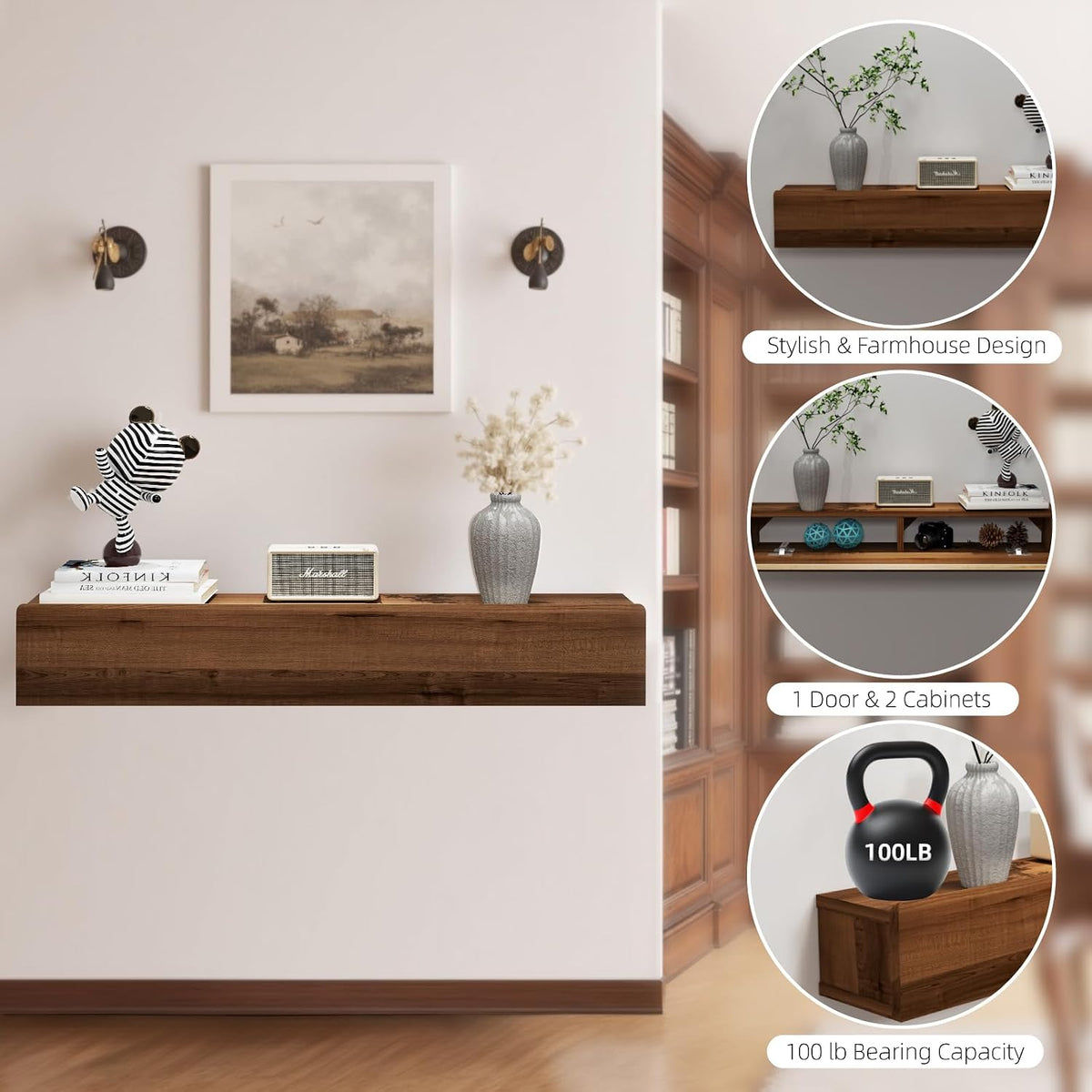 Floating Solid Wood Console Table, 32'' Wall Mounted Narrow Entryway Table with Storage Shelf, Modern Couch Shelves Small Entry Way Tables for Entryway, Front Hall, Hallway (Walnut, 31.5IN)