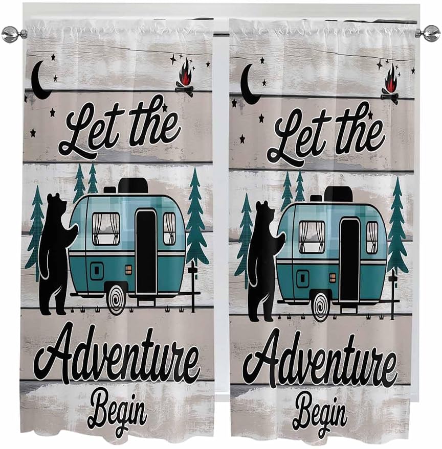 Farmhouse Bear Camper Van Tree Window Valance Curtains, Vintage Wood Grain