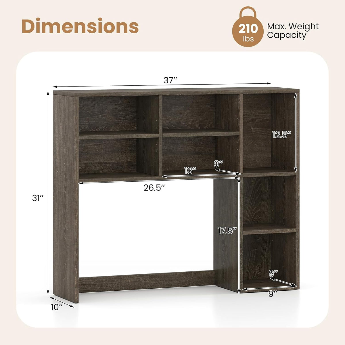 GOFLAME 7 Cubes Desktop Bookshelf, 37” Desk Organizer Shelf with 3 Adjustable Shelves, 3-Tier Wood Countertop Display Rack, Multipurpose Tabletop Desk Hutch for Dorm, Home Office, Gray