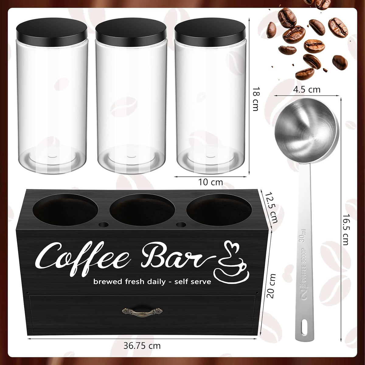 3 Pcs Coffee Bar Decor, Coffee Container Set with Scoop, Shelf