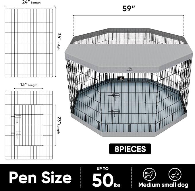 PJYuCien Dog Playpen with Top Cover and Bottom Pad - Metal Foldable Exercise Pen, 8 Panels 36" H x 24" W Indoor Outdoor Pet Fence Puppy Crate Kennel, Gray