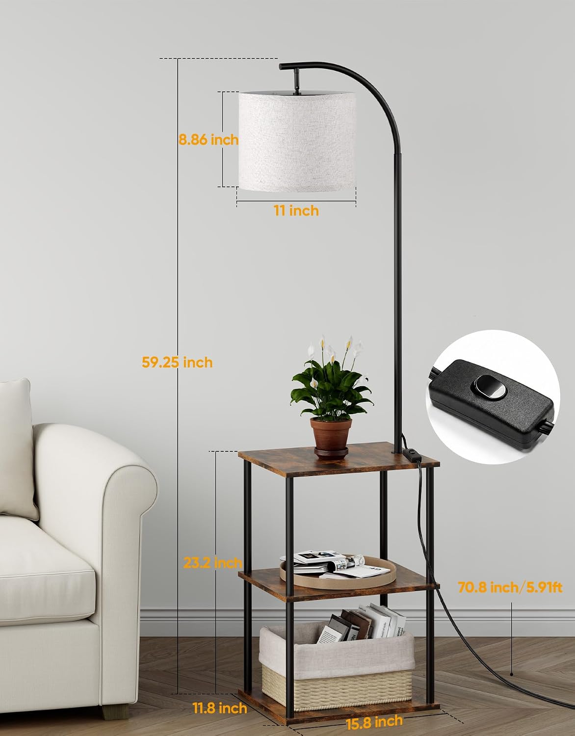 Floor Lamp with Table,Night Stand Lamp,End Side Table for Living Room Brown
