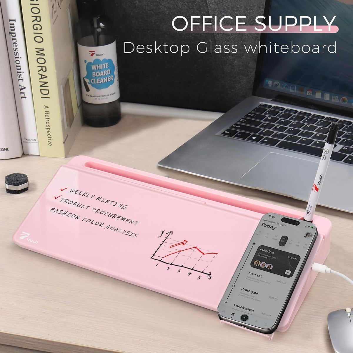 TOWON Glass Desk Whiteboard 17x6 in, Wireless Charger and Storage, Pink