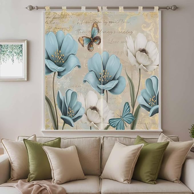 Spring Flowers Living Room Curtains 84 Inch Length, Window Curtains Tab Top