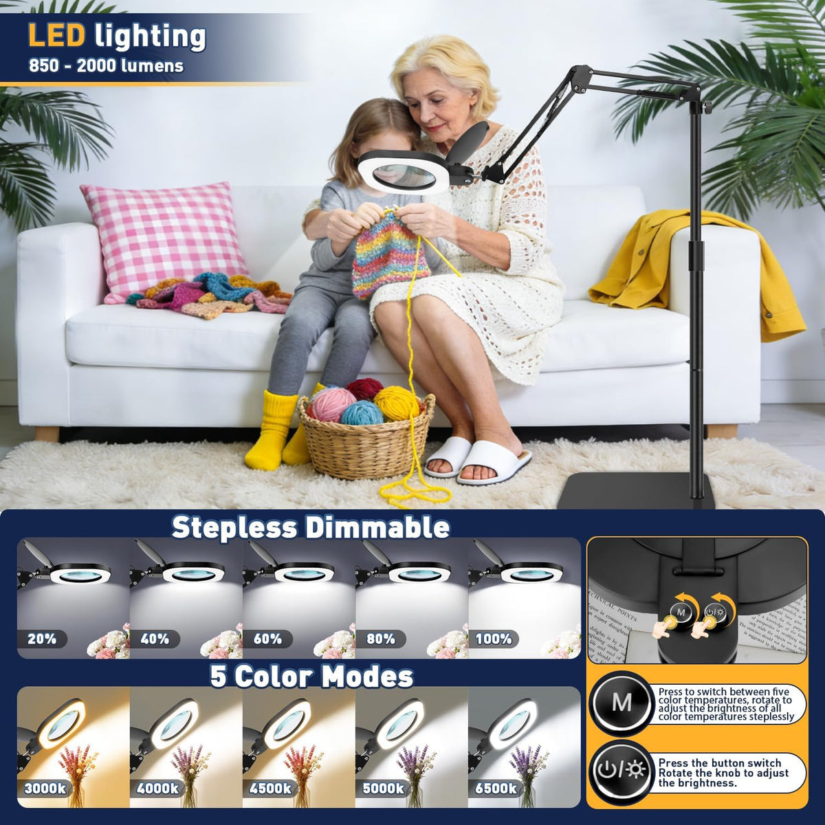 15X Real Glass Standing Magnifying Glass with Light and Stand, 3-in-1 Adjustable Magnifying Floor Lamp & Desk Lamp with Clamp, LED Dimmable Swing Arm Magnifier, Hands Free for Reading Crafts Repair