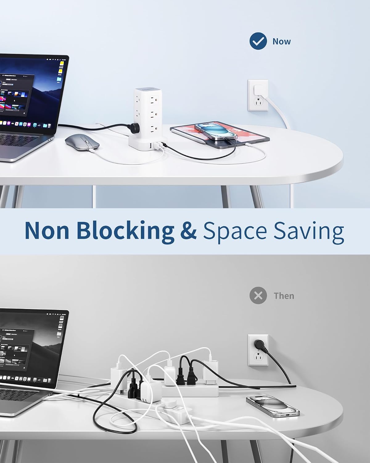 Extension Cord with Multiple Outlets, SMALLRT Flat Plug Power Strip Tower, Outlet Extender with USB 12 AC Outlets, 10FT Ultra Thin Extension Cord for Home Office, Overload Protection