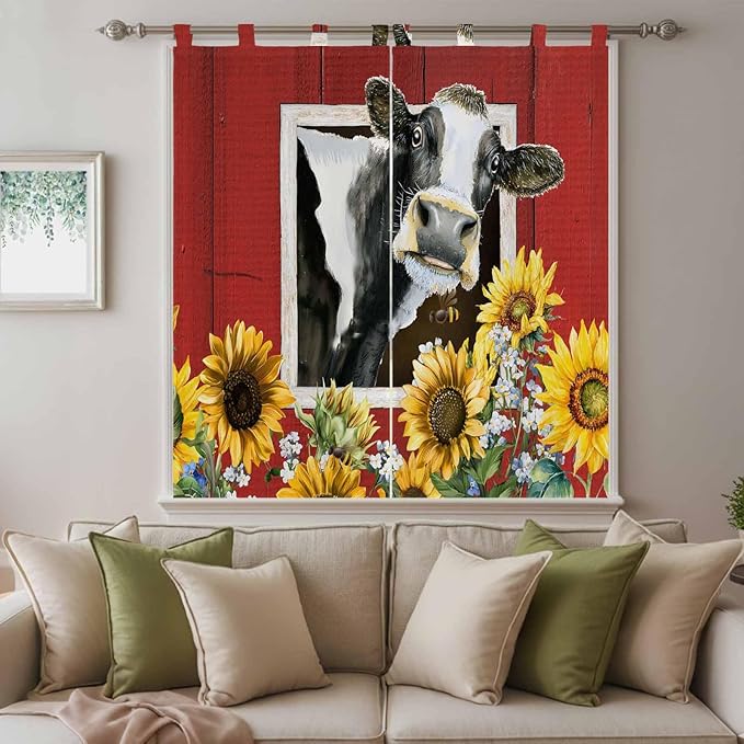 Cows Sunflowers Bedroom Curtains 72 Inch Length, Window Curtains Tab Top