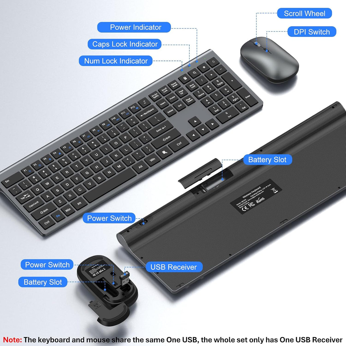 Wireless Keyboard and Mouse Combo, Ultra Slim Full Size Silent Keyboard