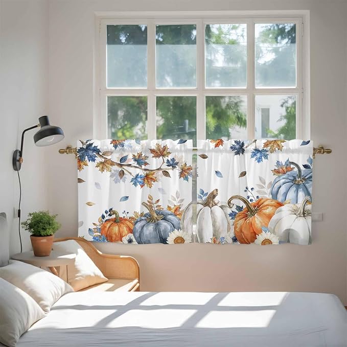 Navy Blue Pumpkin Fall Kitchen Tier Curtains 24 Inch Long 2 Panel Set, Rod