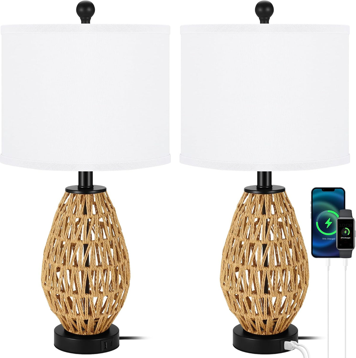 Coastal Table Lamps Set of 2, Retro Rattan Woven 24" Bedside Lamp, for Bedroom Living Room Home Nightstand Table Lamp(with USB C+A 5V 2.1A Charging Ports)