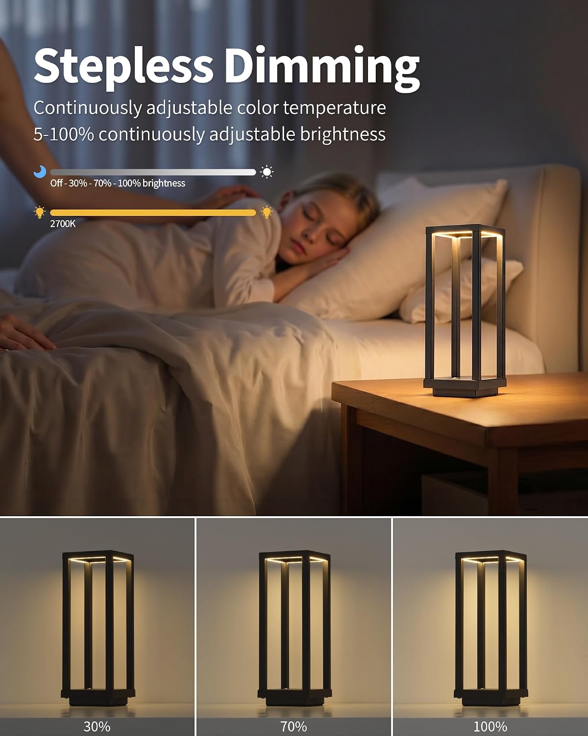 PUSU Cordless Waterproof Table Lamps, Black Outdoor Rechargeable Desk Lamp