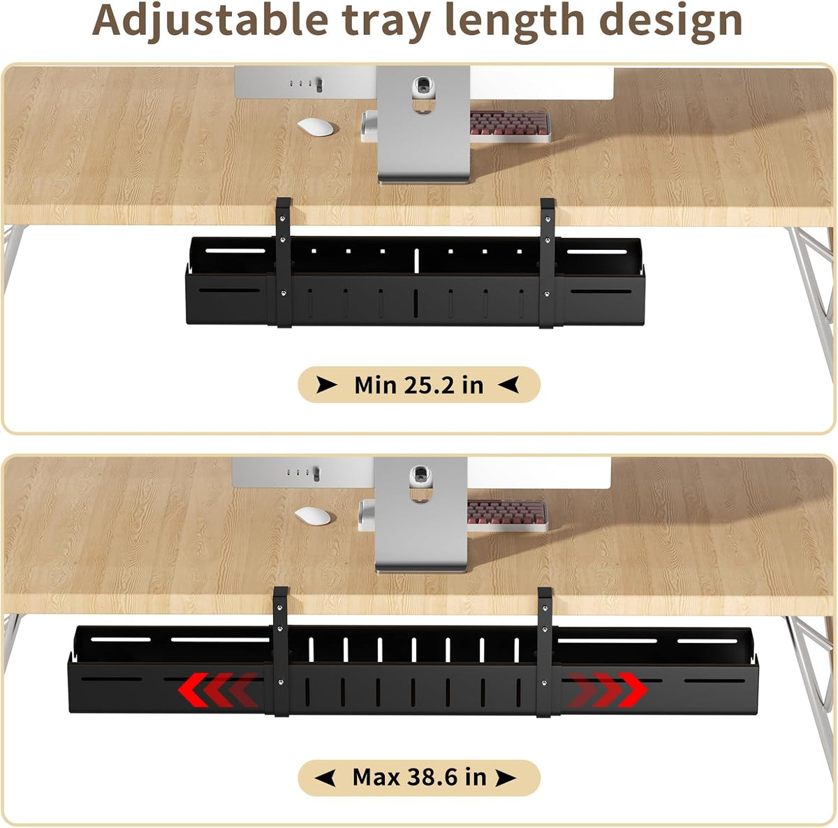 Under Desk Cable Management Tray,Expandable 25.2" – 38.6",Black