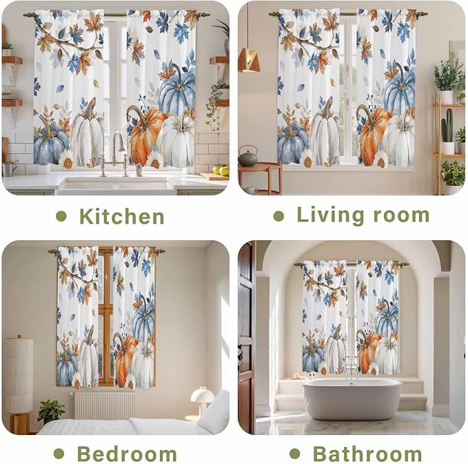 Navy Blue Pumpkin Fall Window Curtains 63 Inch Long 2 Panel Set, Rod Pocket