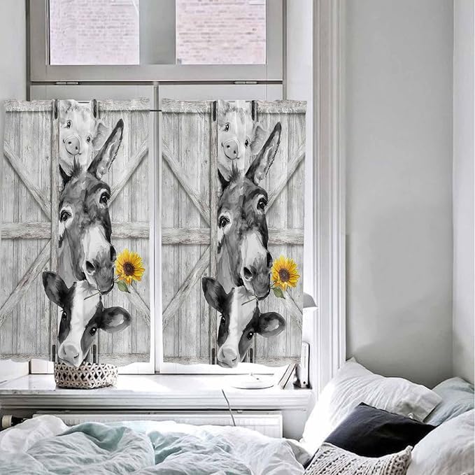Grey Farmhouse Tier Curtains 45 Inches Long, Vintage Sunflowers Animals Printed