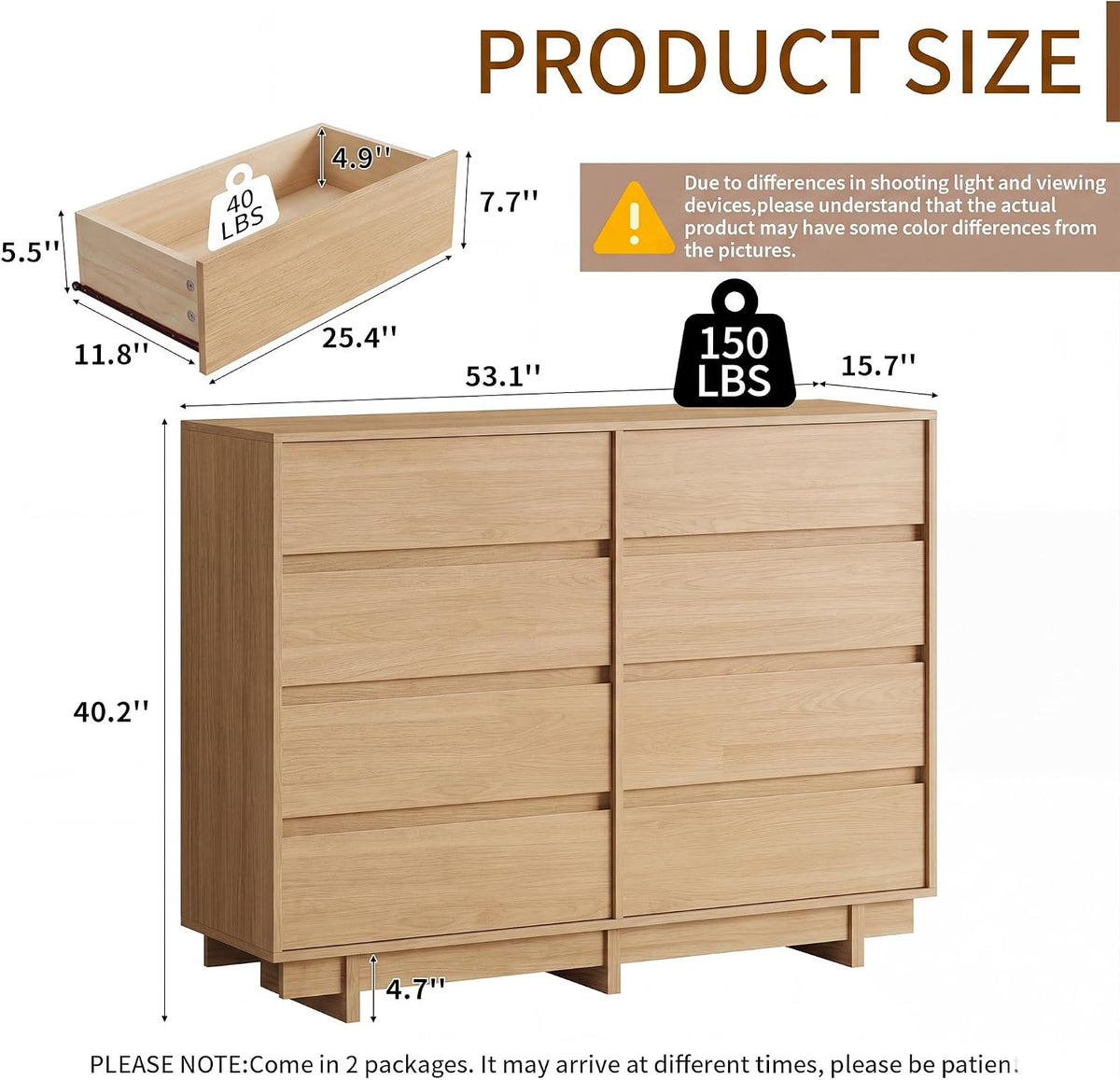 CHUWELL Oak 8 Drawer Dresser for Bedroom,53" Wide Chest of Drawers