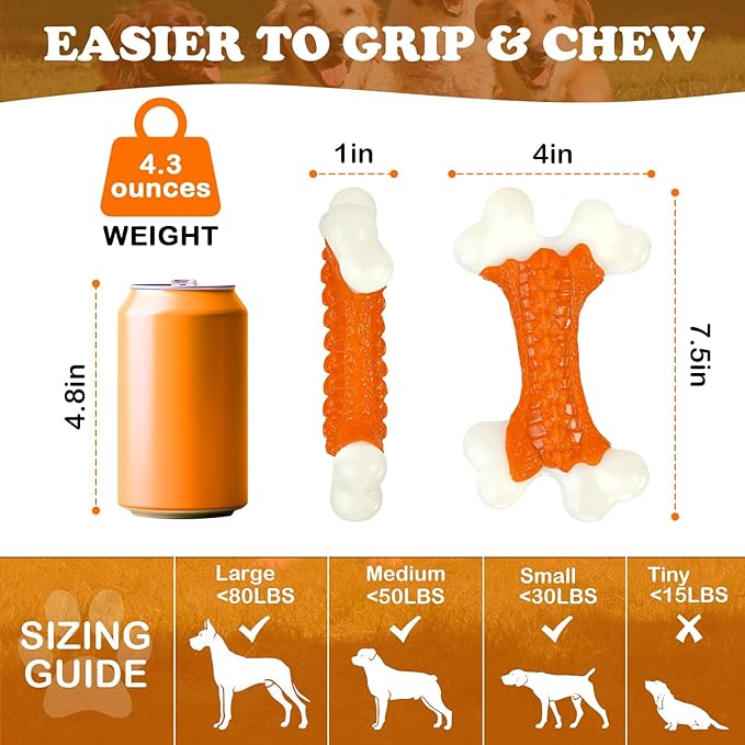 10-Pack Indestructible Dog Toys for Aggressive Chewers: Peanut Butter Flavored Hard Nylon Bone Chew Toys, Tough Dog Chew Toys, Dog Toys to Keep Them Busy for Medium Large Dogs, Orange