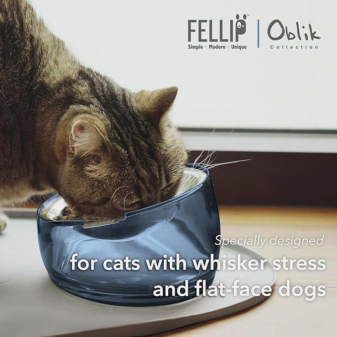 Felli Oblik Elevated Cat Food Bowls 304 Stainless Steel Removable Flat Dish for Whisker Fatigue & Dishwasher Easy Clean, Raised Tilted Stand Non Slip + Wide Metal Plate Anti Vomit (0.5Cup, Shadow)