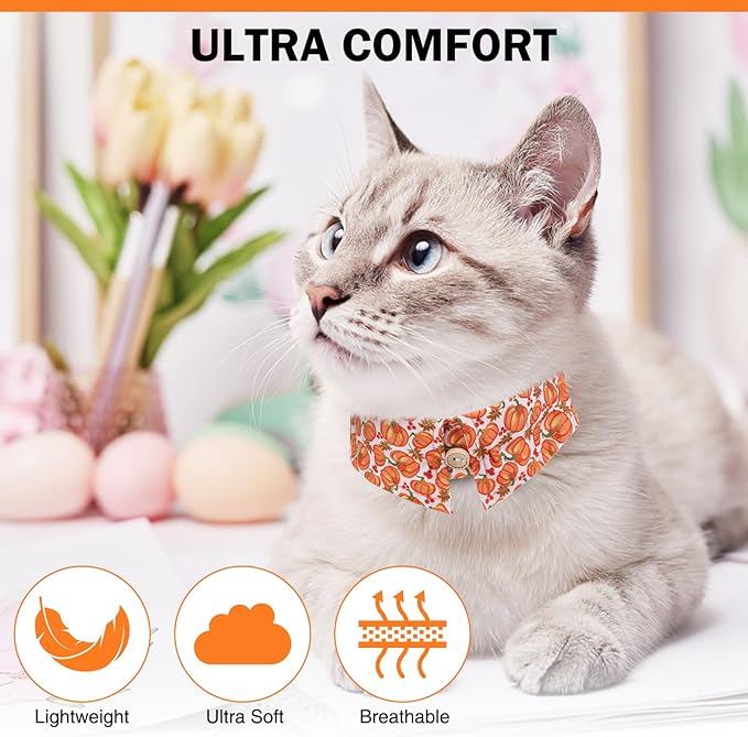 Thanksgiving Cat Collar Breakaway, Halloween Kitten Collar with Bells for Boy Girl Cat, 2 Pack Adjustable Cute Cat Collar with Bow & Pumpkin for Male Female Cat, Orange Bowtie Shirt Collar