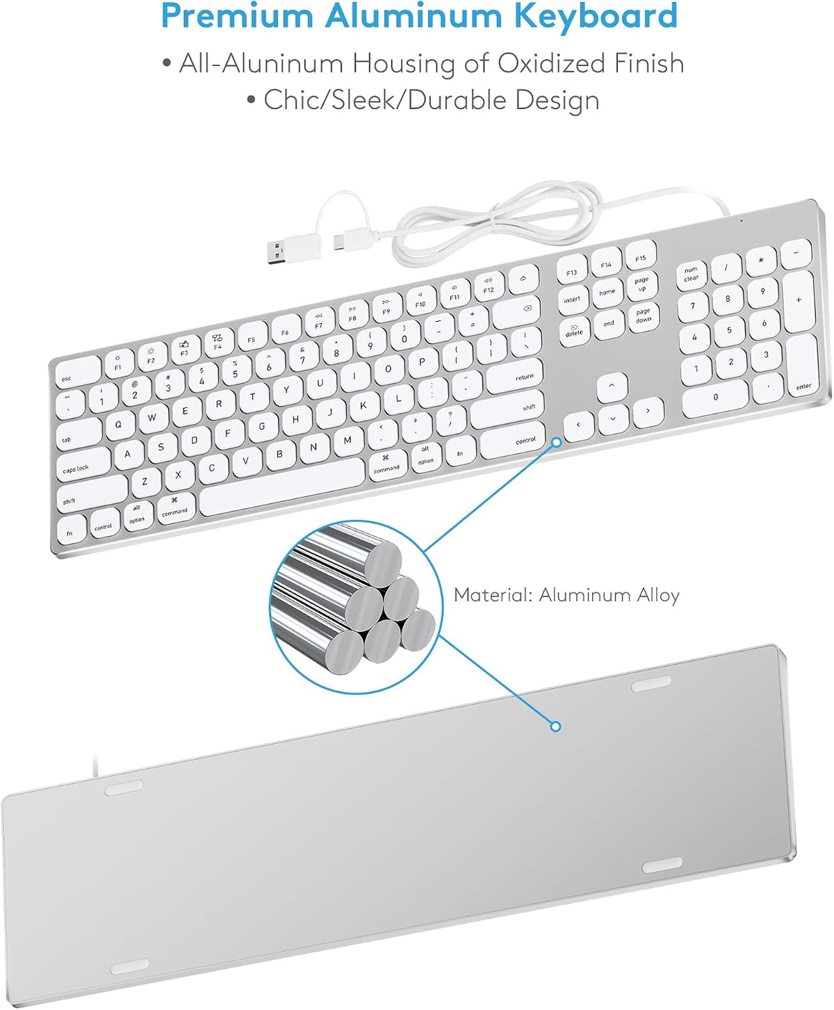 9H Aluminum USB Wired Keyboard with Numeric Keypad for Mac & PC