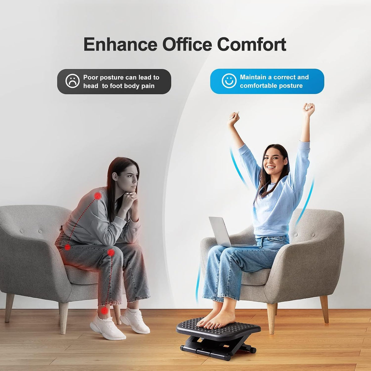 HUANUO Foot Rest for Under Desk at Work, Adjustable Footrest with Massage Texture and Roller, Ergonomic Foot Stool with 3 Height Position, 30 Degree Tilt Angle Adjustment for Home, Office