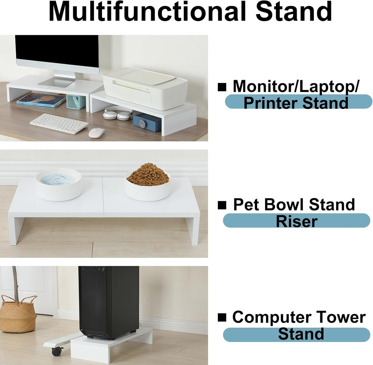 TEAMIX 2 Pack White Monitor Stand Riser 20 inch, Wooden Desktop Stand Shelf