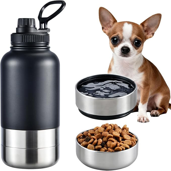 Insulated Dog Water Bottle with 2 Bowls, 32oz Travel Stainless Steel Double Wall Thermos, Portable Pet Dispenser, Gifts for Puppy Small Medium Dogs Walking Hiking and Camping