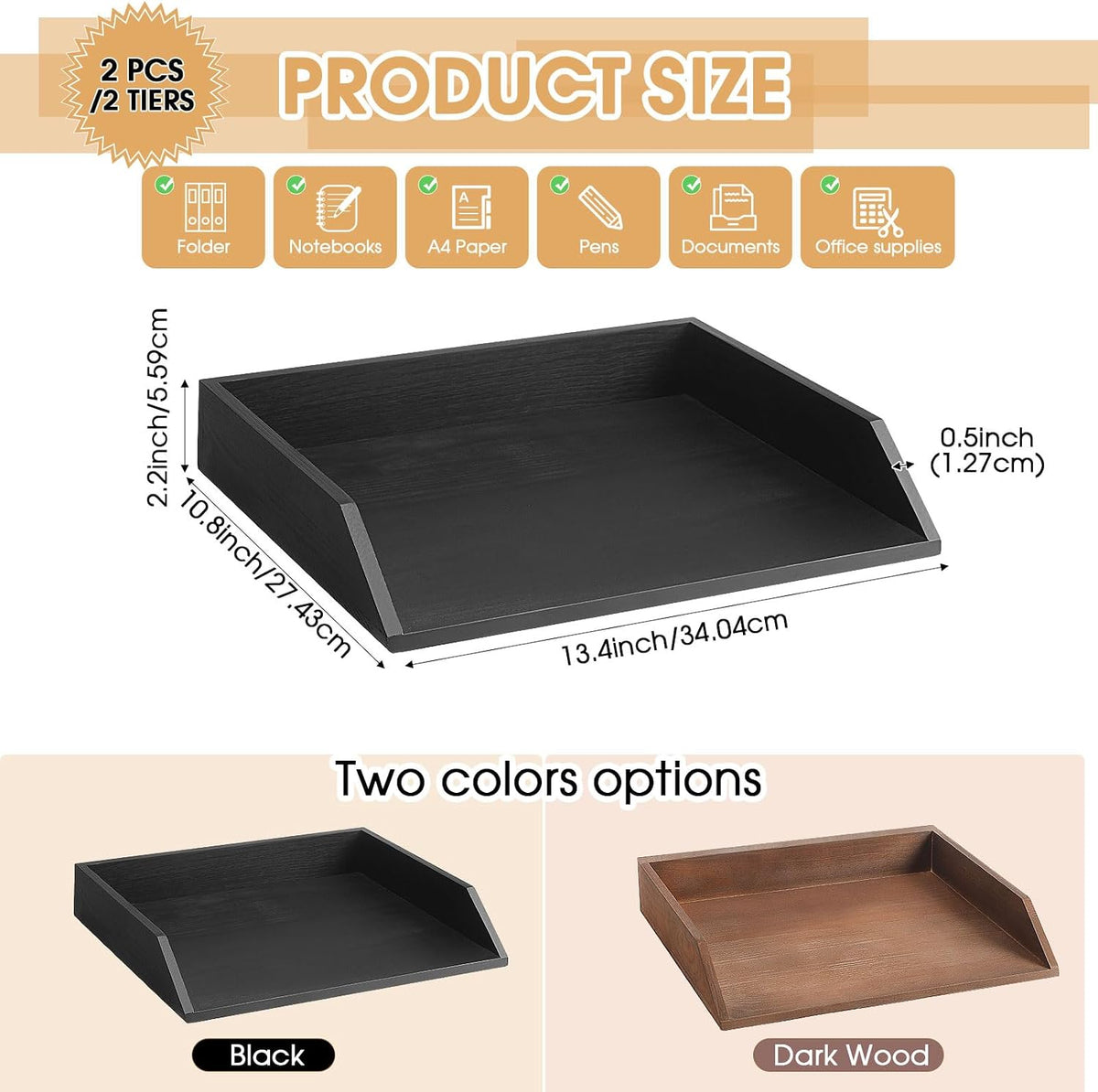 Beeveer 2 Pcs Black Wood Letter Tray Wooden Desk Paper Organizer 2 Tier Stackable Load Documents Desktop Tray Drawer File Folder Magazine Office Accessories for Home Office Back to School