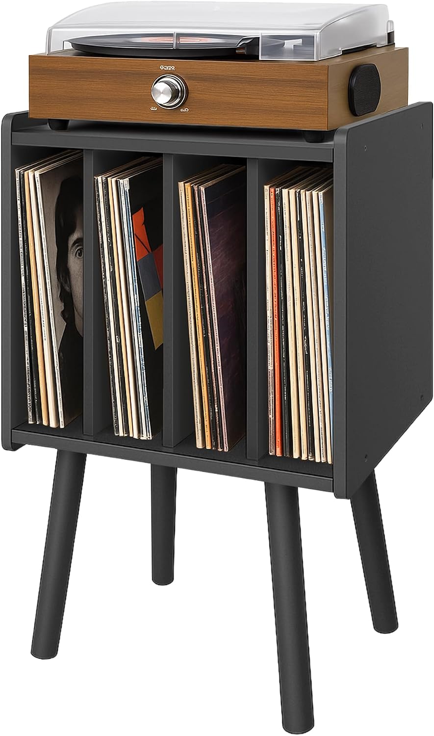 Record Player Stand, Vinyl Record Storage Table with 4 Cabinet, Mid Century Modern Turntable Stand, Organizer Vinyl Table for Bedroom Living Room (Black)