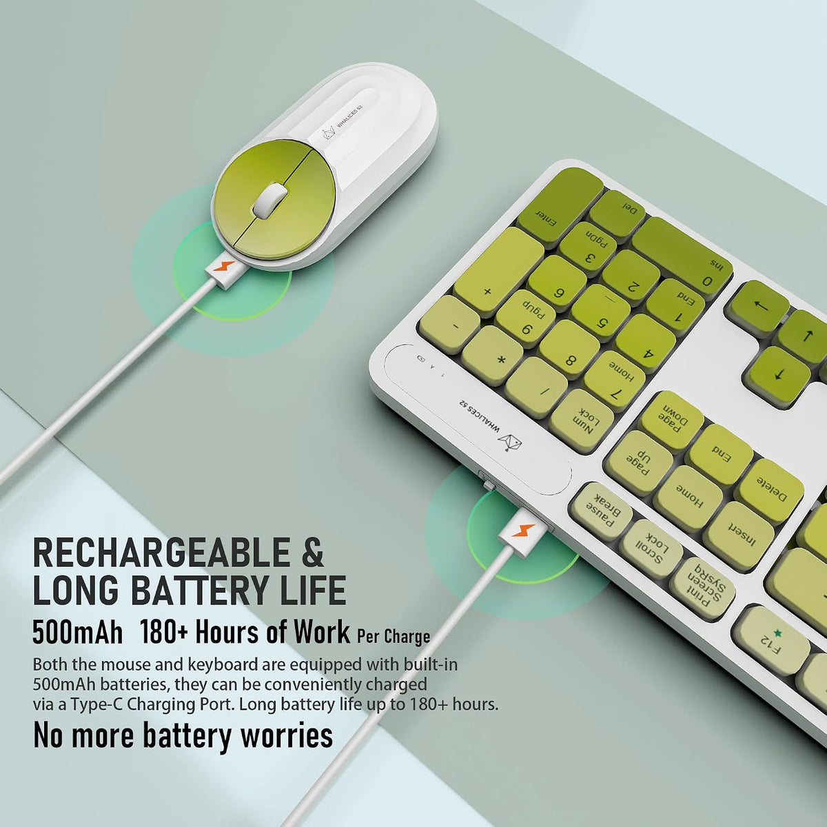 Wireless Keyboard and Mouse Combo, Rechargeable - Green