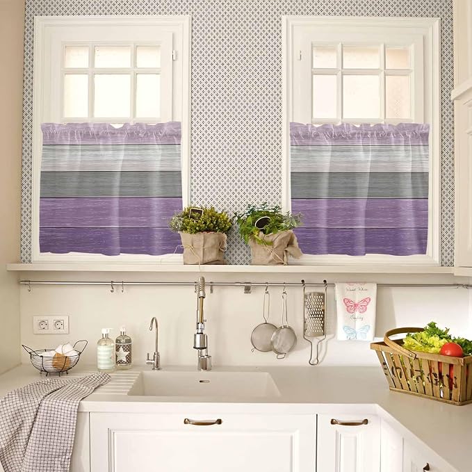 Country Wood Board Gray Purple Window Valance Curtains, Farmhouse Gradient