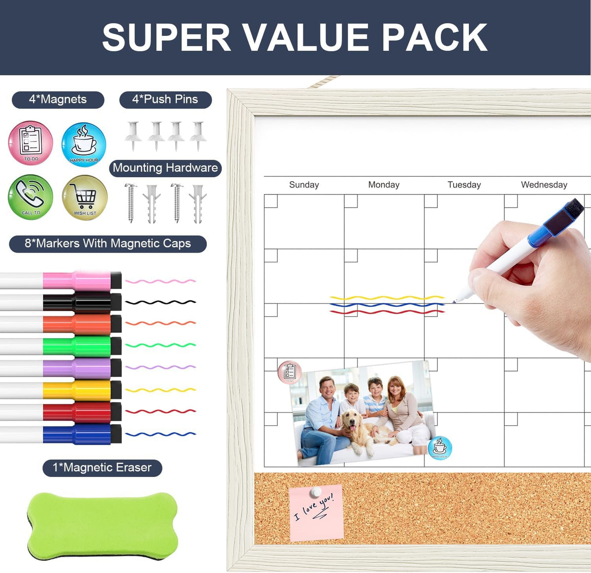 Tankee Whiteboard Calendar, 24x18 Hanging Dry Erase Calendar for Wall