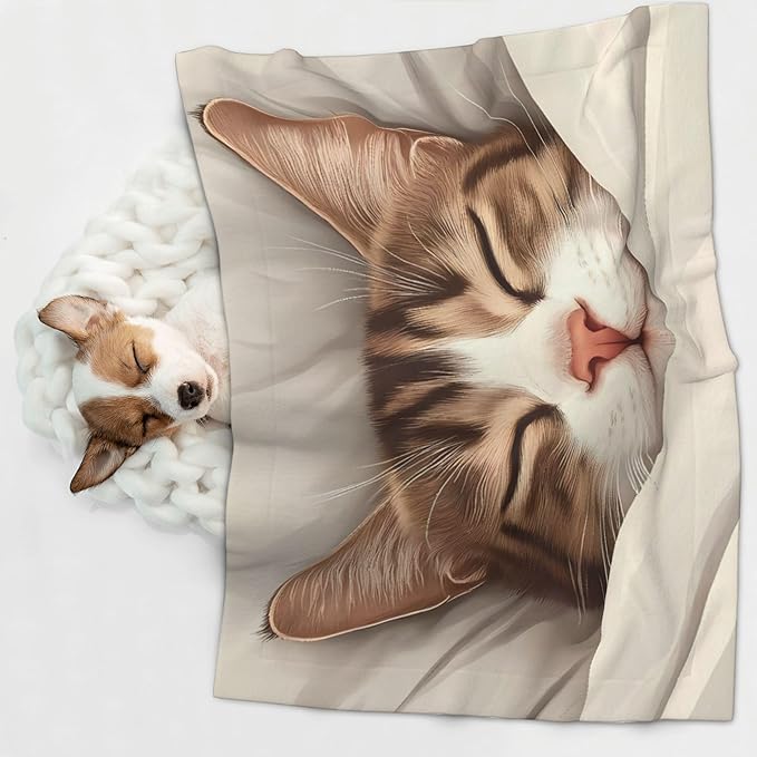 Waterproof Dog Blanket Soft Pet Blanket for Puppy, Fleece Cat Throw Blankets for Furniture Bed Couch Sofa Reversible - Sleeping Cat in Blanket