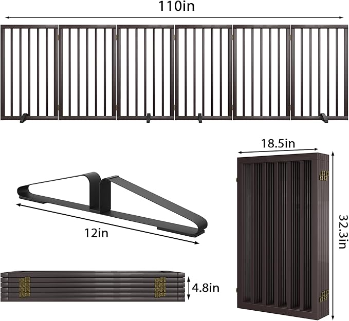 Dog Gate for Doorways 32" Tall Freestanding Dog Gate for Stair Foldable Pet Gate for Dogs Indoor (Brown,6 Panel)