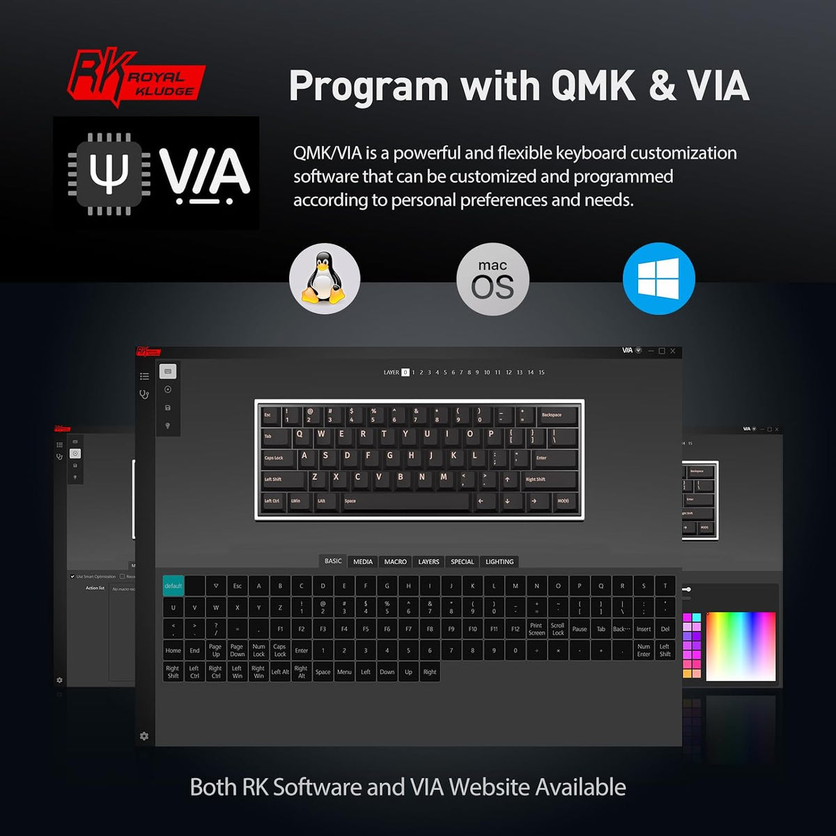 RK ROYAL KLUDGE RK61 Wired 60% Mechanical Gaming Keyboard Programmable QMK/VIA RGB Backlit 61 Keys Ultra-Compact Hot Swappable Brown Switch Black
