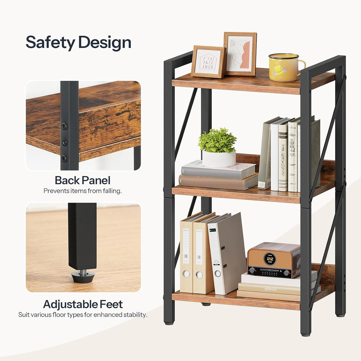 HOOBRO Bookshelf, 3-Tier Industrial Bookcase, Book Shelf Storage Organizer, Small Bookshelf with Metal Frame for Living Room, Bedroom, Home Office, Kitchen, Rustic Brown and Black BF71SJ01
