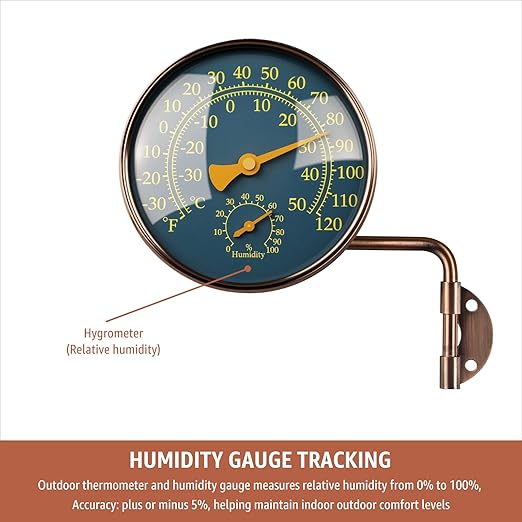 4-Inch Outdoor Thermometer and Humidity Gauge, Window Thermometer for Outside Temperature and Humidity Monitor, Brass Analog Dial, Battery-Free for Patio, Garage, Greenhouse, Garden, Wall