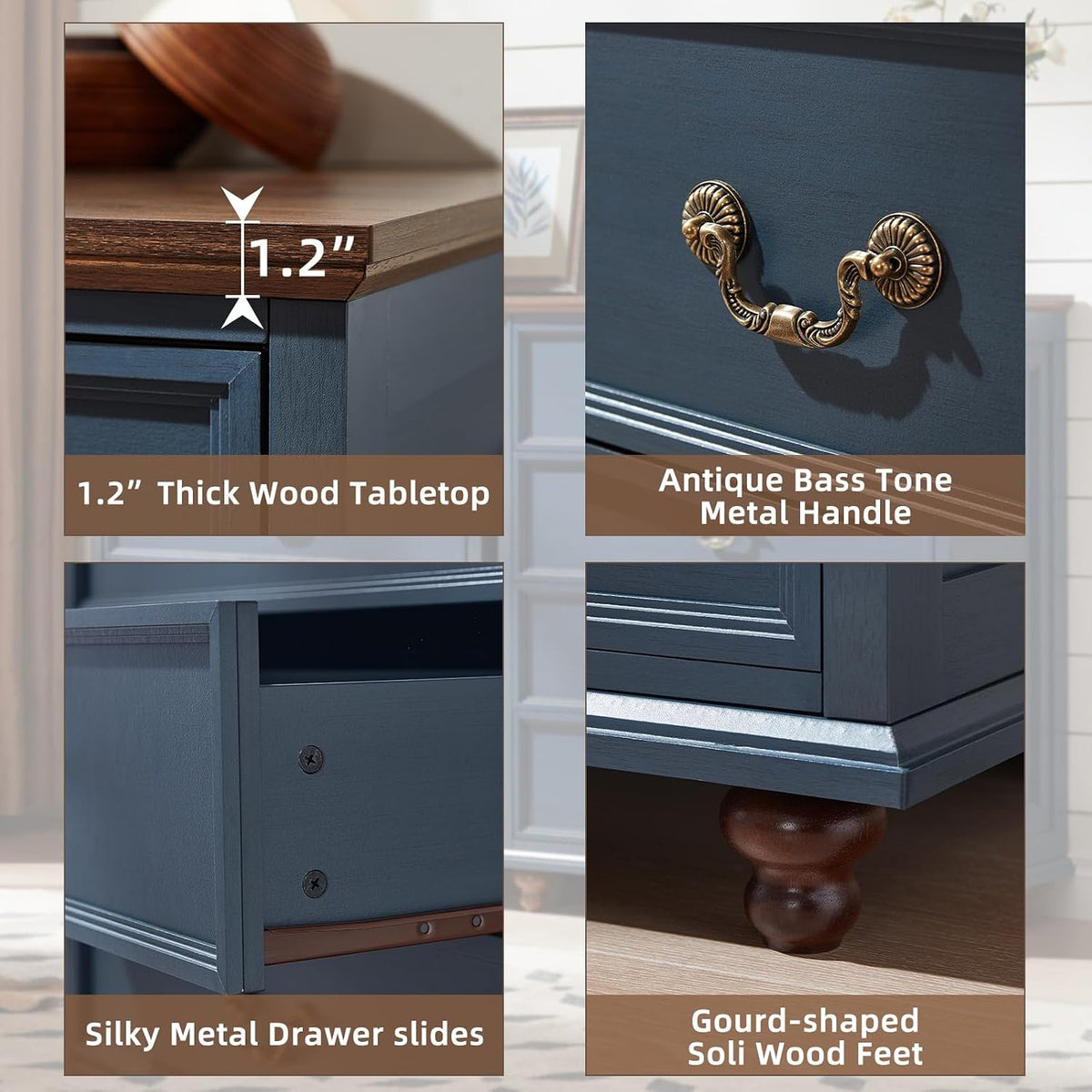 Joaxswe Farmhouse 4 Drawer Dresser for Bedroom, 37" Tall Rustic Chests of Drawers w/ 4 Solid Wood Feet, Mid Century Modern Wooden Closet Storage Dressers Organizer for Living Room, Hallway, Navy Blue