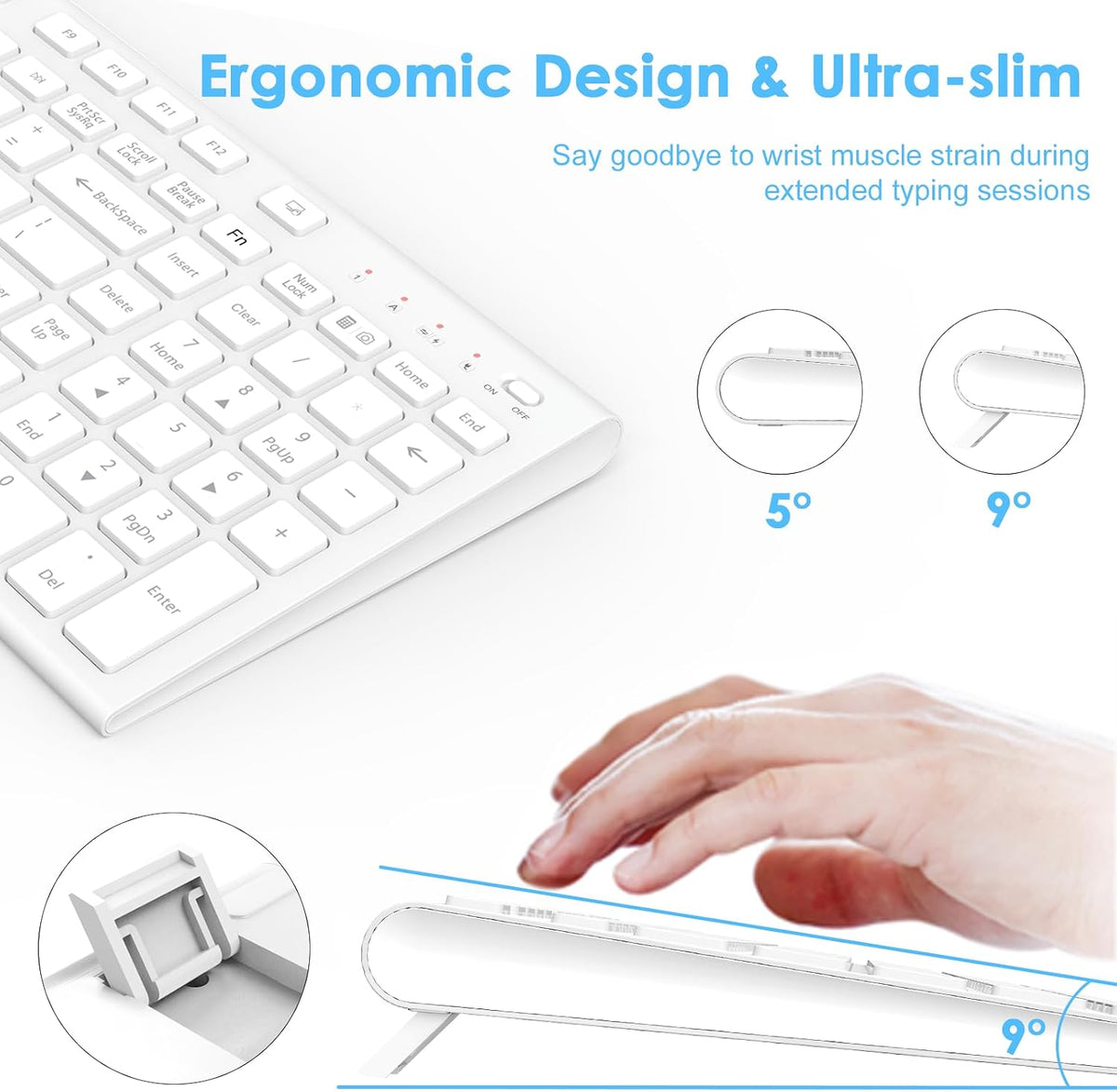 FENIFOX Rechargeable Wireless Keyboard and Mouse, with Number Pad White