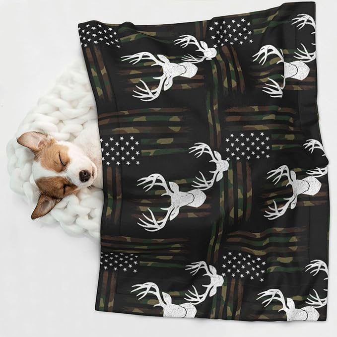 Double Sided Pet Throw for Dogs Who Shed, Deer Camo Camouflage American Flag Hunting Black, Reversible Blanket with Nubby Dot Side Catches Loose Fur for Easier Furniture Cleanup