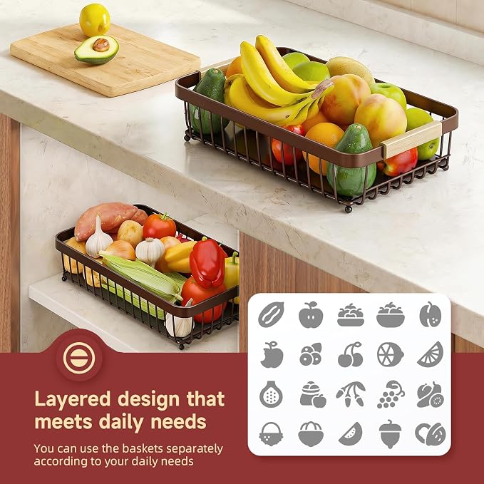 2-Tier Fruit Basket with Banana Hangers, Detachable Metal Bowl