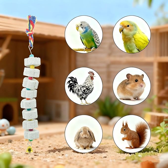 2 Pack Extra Long Chicken Chewing Toys with Beads and Bell, 27" Calcium Beak Grinding Stone for Cage, Bird Toys for Parrots, Budgies, Hamsters, Rabbits