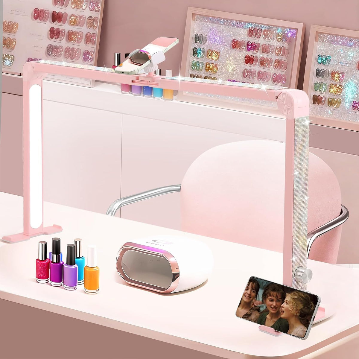 Nail Tech Lamp for Desk, 34 in Large Half Moon Light with Phone Holder, 48W Brightness Adjustable Lash ARC Light for Manicure, Tattoo, Spa, Salon, 3000K-6000K LED Manicure Lamp(Pink)