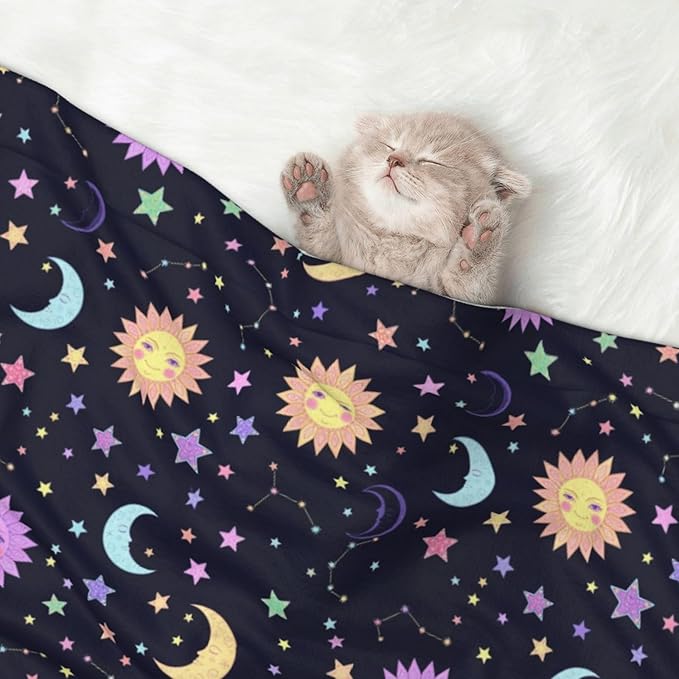 Double Sided Pet Bed Blanket for Added Cushion Warmth, Trippy Sun Moon Stars, Reversible Cover with Textured Dot Surface for Existing Beds Standalone Mat