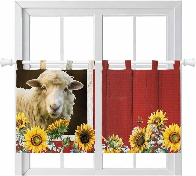 Sheep Flowers Kitchen Curtains 36 Inch Length, Small Window Curtains Tab Top