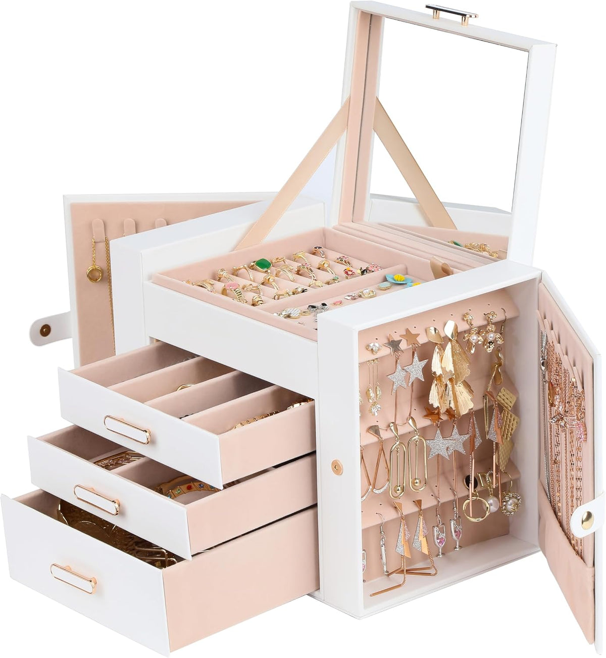 ASINGYER White 4 Layer 3 Drawer Jewelry Organizer with Double Hanging Side Cabinets for Women Accessories