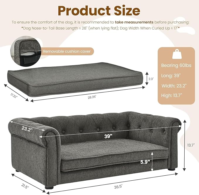 Dog Sofa Couch for Medium to Large Dogs, Memory Foam Dog Couch with Washable Fabric, Removable Cushion, Sofa Bed for Medium and Large Dogs, Dark Gray