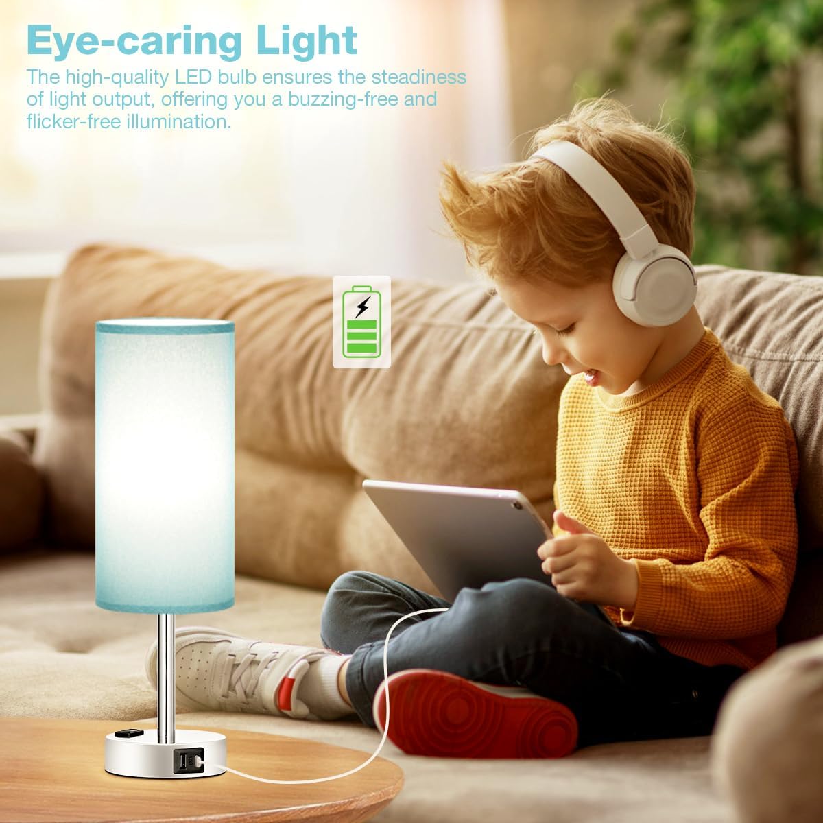 Fenmzee Light Beige Bedside Table Lamp, Dimmable Touch, USB A+C, AC Outlet