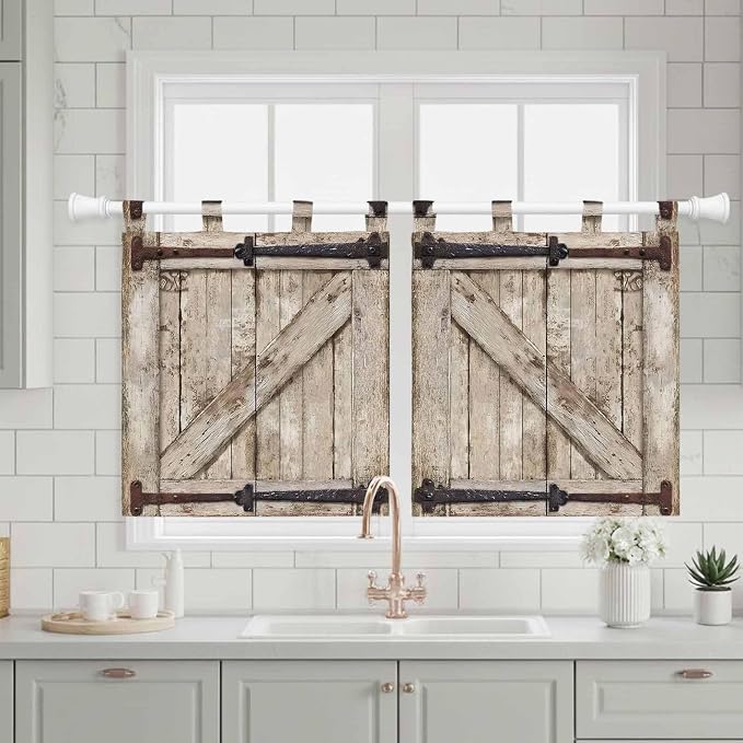 Farmhouse Wood Grain Kitchen Curtains 36 Inch Length, Small Window Curtains Tab