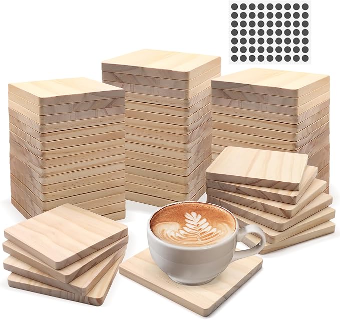 60 Pack 4 Inch Unfinished Square Wood Coasters