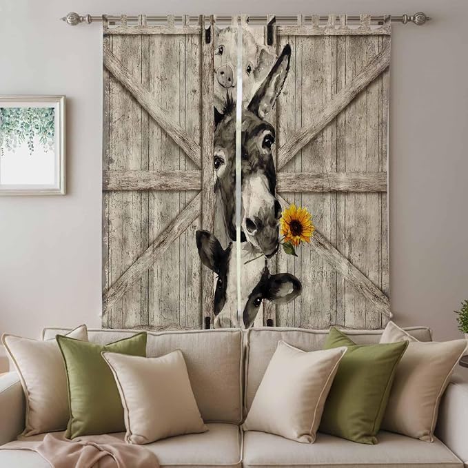 Funny Farm Animals Living Room Curtains 96 Inch Length, Window Curtains Tab Top